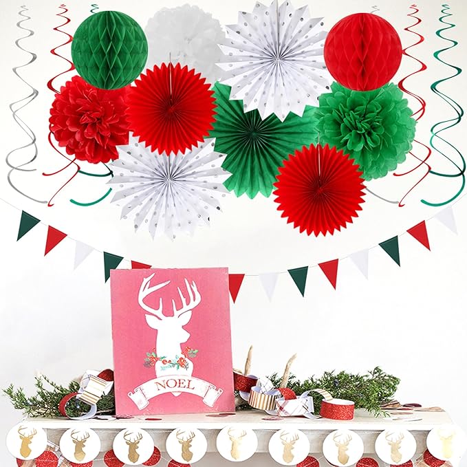 Red-Green White Christmas Party-Decorations - 33pcs Banner,Mexico Italy Streamers Tassel Garland,Tissue Pom Poms Honeycomb,Paper Lantern Fans,Mexican Italian Birthday Wedding Baby Shower Decor Hugtmr