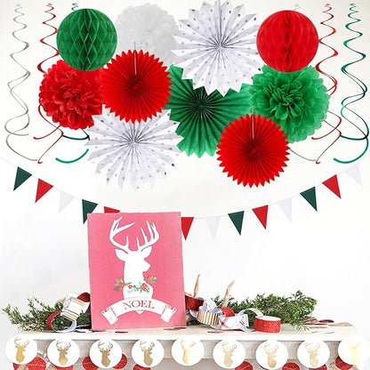 Red-Green White Christmas Party-Decorations - 33pcs Banner,Mexico Italy Streamers Tassel Garland,Tissue Pom Poms Honeycomb,Paper Lantern Fans,Mexican Italian Birthday Wedding Baby Shower Decor Hugtmr