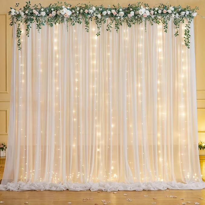 10ft x 7ft White Chiffon Backdrop Curtain with Lights String for Parites Wedding Wrinkle Free Curtain Photo Backdrops Drapes for Baby Shower Birthday Party Home Decorations