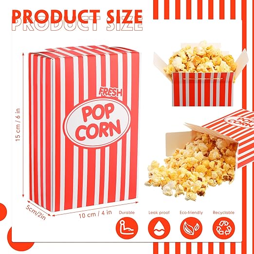 Xinnun 200 Pcs Paper Popcorn Boxes 1 oz Close Top Oil Proof Disposable Popcorn Container 6 x 4 x 2 Inch Stripes Leak Proof Popcorn Boxes for Party Movie Party Theater Night Birthday (Red)