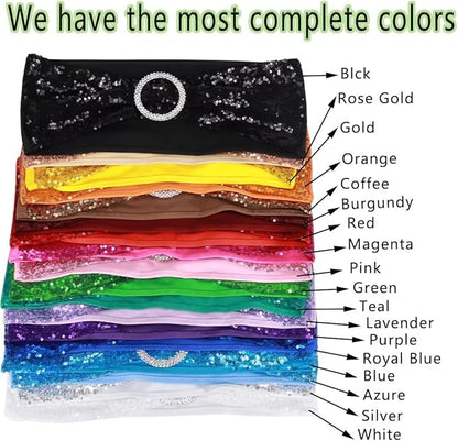 50 Pcs Chair Sashes Sequin Stretch Chair Bands Spandex Polyester Bows for Party Hotel Wedding Banquets Decoration - White