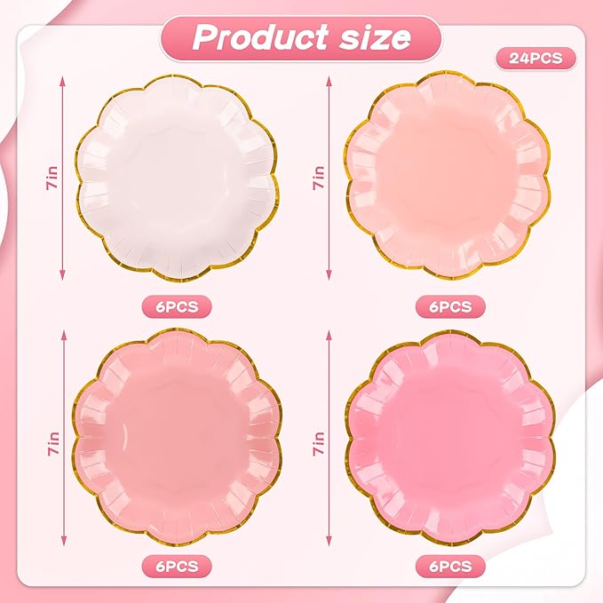 Pink Party Plates Gradient Pink Dessert Paper Plates 7inch Gold Foil Scalloped Edge Disposable Cake Plates for Tea Party Birthday Bridal Baby Shower Wedding Party Supplies (24)