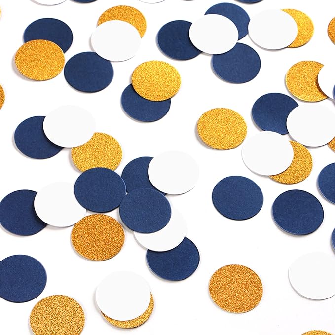 Navy Blue White Gold Confetti Birthday Decorations for Boys Glitter Paper decor Sprinkles Biodegradable Table Confetti Round for Graduation Wedding Baby Shower Party Lasting Surprise 300pcs