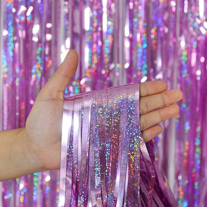 Melsan 3 Pack 3.2 x 8.2 ft Sparkling Pinkish Purple Tinsel Fringe Curtain Backdrop Glitter Decor for Birthdays, Bachelorette, Weddings, Photo Booth | Reusable Princess & Y2K Party Backdrop