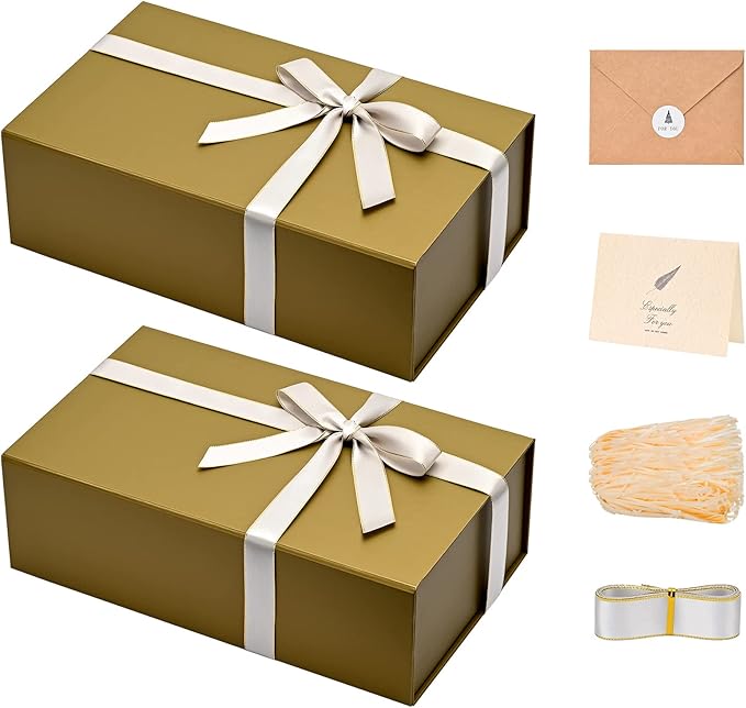 LIFELUM Empty Gift Boxes 2 Pack 13.85 x 8.35 x 4.45 inch Rectangle Collapsible Box with Magnetic Lid and Ribbon,Card,Shredded Paper Filler