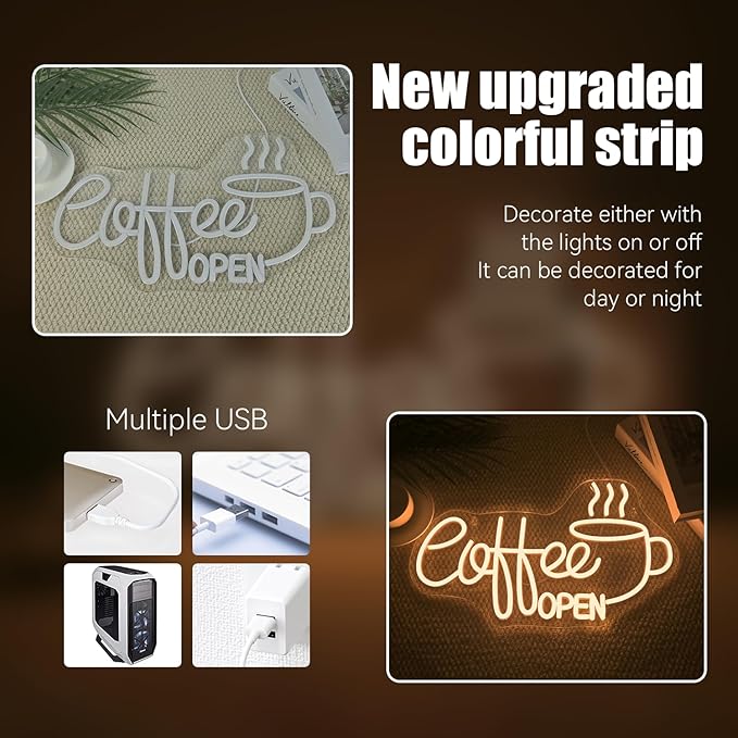 Ineonlife Coffee Open Neon Sign Light Up for Wall Decor Modern Led Sign for coffee bar Small Acrylic Art Decor for cafe business restaurant club party man cave Decorations 16.53x9.84 inch USB POWER