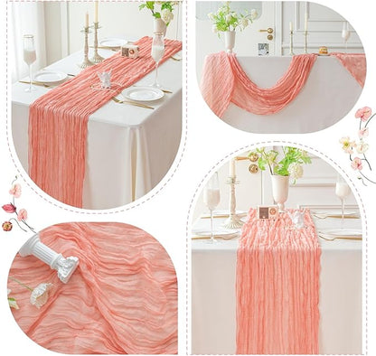 Sioloc 1 Pack Peach Coral Cheesecloth Table Runner Fall Autumn Decor for Home 10ft Table Cloth for Tea Wedding Birthday Party Baby Bridal Shower Halloween Thanksgiving