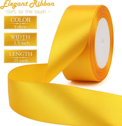 Yellow Solid Satin Ribbon 1-1/2 Inch 25 Yards Solid Polyester Fabric Ribbon for Gift Wrapping Wedding Christmas Baby Shower Birthday Party Decoration Handmade Immortal Flower Craft