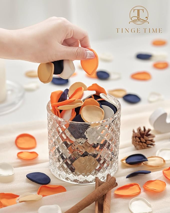 TINGE TIME 400pcs Silk Flower Petals for Wedding, Rose Petals for Decoration, Fake Flower Petals for Bridal Showers, Flower Girl Petals for Anniversaries and Parties (Burnt Orange & Navy Blue)
