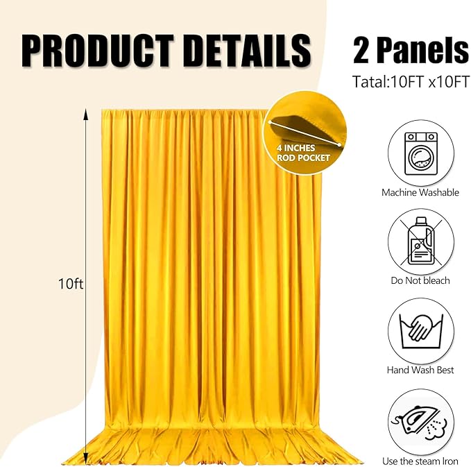 10ft x 10ft Gold Yellow Backdrop Curtains for Parties, Fabric Satin Background Curtain with Rod Pockets for Weddings, Birthday, Baby Shower, Photography, Graduation Party Backdrop Drapes, 2 Panels