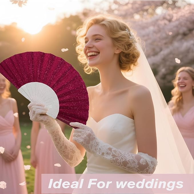 48 Pack Handheld Fan,Folding Hand Glitter fan with Shining Transparent Fan Rib – Ideal for Wedding, Church, Festival, Dance, Tea Party, Club, and EDM Accessories, Deep pink