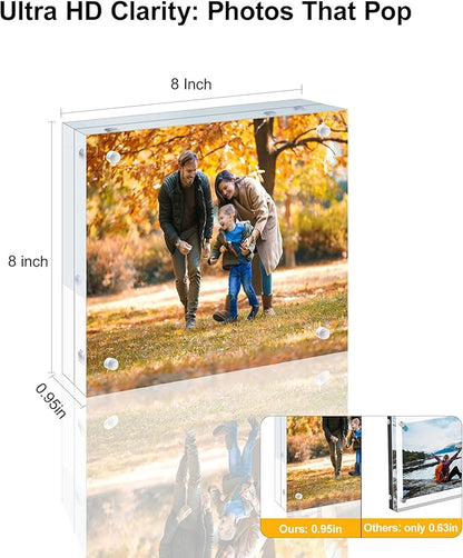 5 Pack 8x8 Acrylic Picture Frames - 20% Thicker Double Sided Magnetic Frame with UV Protection - Freestanding Clear Frameless Display for Tabletops - Modern Photo Frame Set for Home & Office Decor