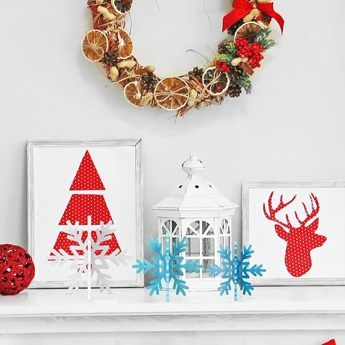 Bucherry 12 Pcs Wooden Snowflake Table Decor 3D Snowflake Tabletop Signs and Centerpiece for Christmas Xmas Winter Wonderland Decorations Home Party(White, Dark Blue, Light Blue)