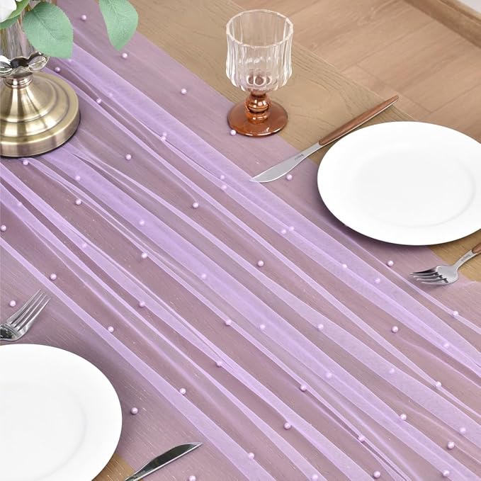 Joanlody Fall Pearl Table Runner 10ft Rustic Boho Tulle Table Runner with Pearls for Baby Shower Wedding Party Veil Dessert Thanksgiving Table Decor Lilac 4pcs