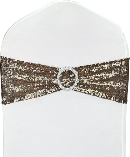 100 Pcs Chair Sashes Sequin Stretch Chair Bands Spandex Polyester Bows for Party Hotel Wedding Banquets Decoration - Coffee