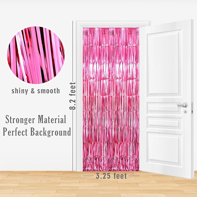 GOER 6.4 ft x 8.2 ft Metallic Tinsel Foil Fringe Curtains,Pack of 2 Party Streamer Backdrop for Galentines Day,Birthday,Graduation Decorations and New Year Eve (Hot Pink)