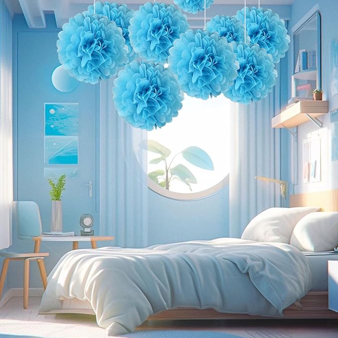 20 PCS Baby Blue Tissue Paper Pom Poms, Tissue Pom Poms Flowers, Sizes of 6", 10", 12", 14" Hanging Paper Flower Ball for Wedding, Birthday, Halloween, Christmas, Baby Shower Party Decor
