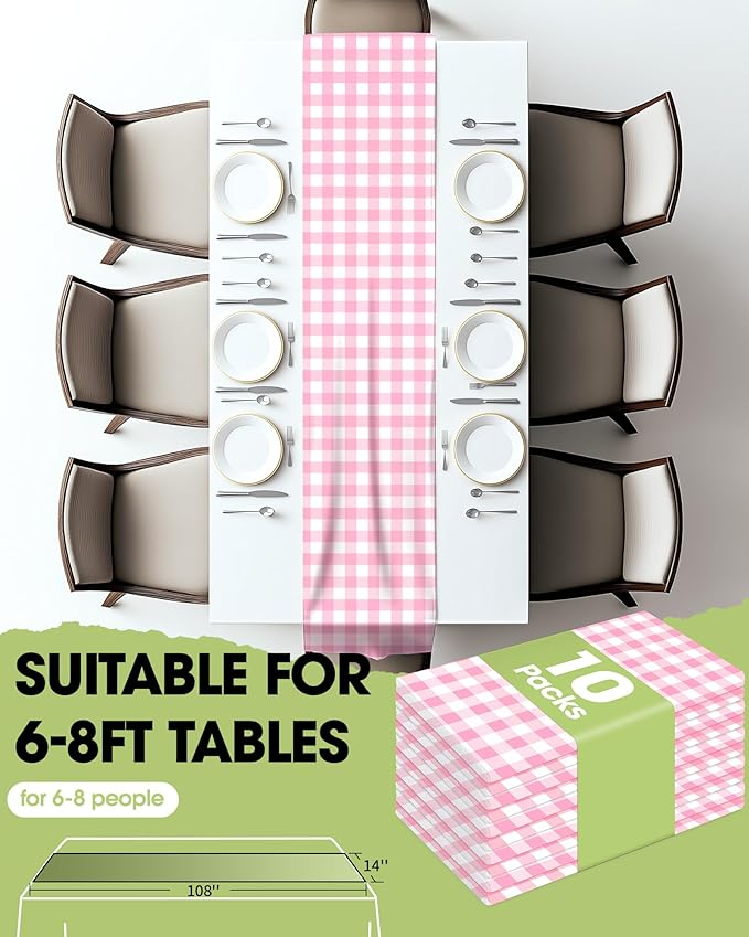 Pureegg Gingham Plastic Table Runners - 10 Pack, 14'' x 108'', Water Resistant & Disposable Plaid Centerpiece Decorations for Table Cloth, Birthday, Holiday, Party, Pink and White Checkered Home Decor