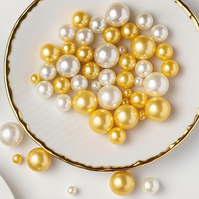 200 Pcs Vase Filler Beads Gold and White Pearl Beads for Vase No Hole Pearls for Centerpieces Vases DIY Home Table Party Decor DIY Wedding 8/14/20mm