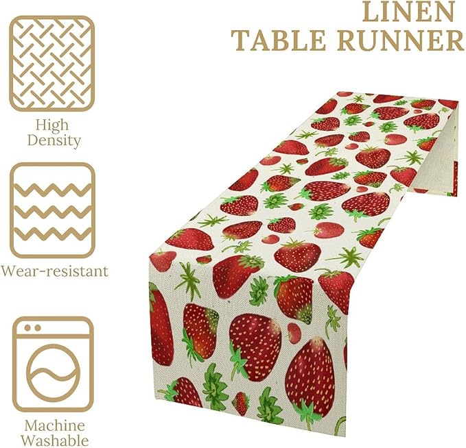 Strawberry Table Runner Spring Summer Fruit Wild Berry Forest Garden Dinner Runner for Girl Baby Shower Party Holiday Home Kitchen Dining Table Decor 13x70
