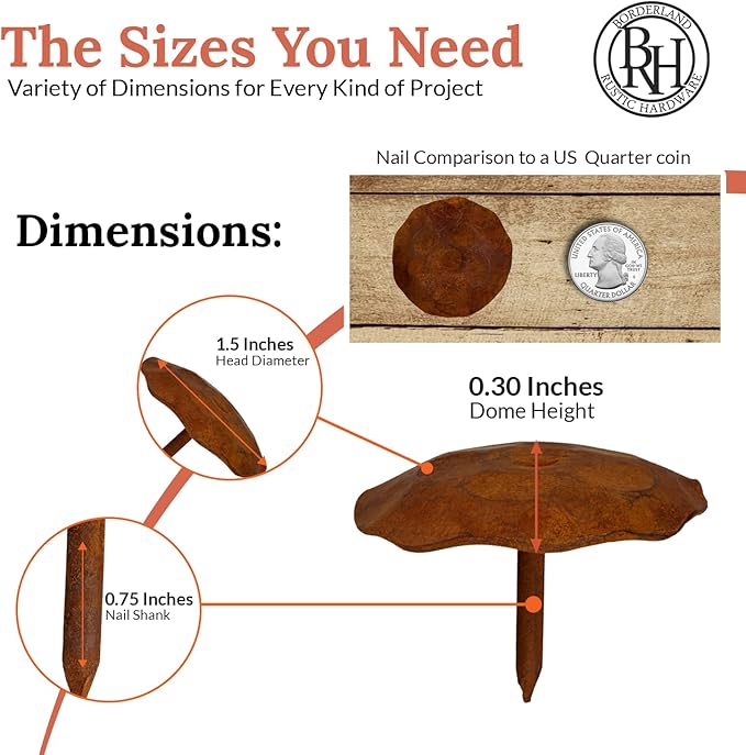 10 Pack 1.5" Round Head Iron Clavos Decorative Nails – Rusted – Handmade Rustic Round Fasteners for Farmhouse Shutters, Faux Wood Beams, Barn Doors, Shutters, Gates – Ornamental Wood Accent