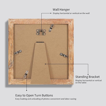 8x8 Picture Frame Set of 4 with HD Glass, Display 6x6 Pictures with Mat or 8 x 8 Without Mat, Square Wood Photo Frame for Wall Mount and Tabletop Display