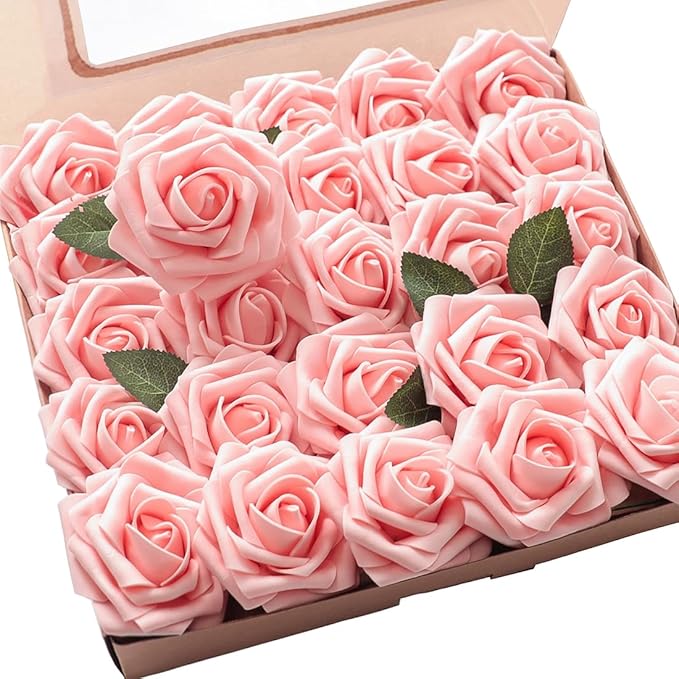 Floroom Artificial Flowers 25pcs Realistic Peach Pink Foam Fake Roses with Stems for DIY Wedding Bouquets Bridal Shower Centerpieces Floral Arrangements Party Tables Home Decorations
