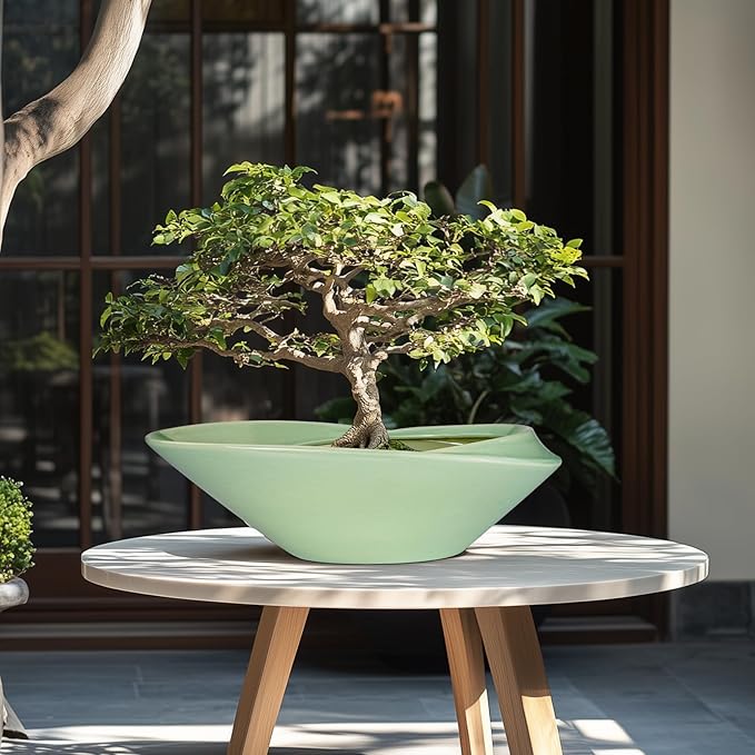 Ceramic Bonsai Pot - 18 Inch Planter with Drainage Hole Large Modern Bonsai Planter Decorative Succulent Flower Plant Pot for Indoor Plants Outdoor Green