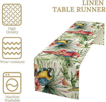 Parrot Table Runner,Tropical Palm Leaf Colorful Macaw Bird Watercolor Print Tablecloth Burlap for Hotel Indoors Outdoor Dining Room Kitchen Home Decor,W13X L80 in