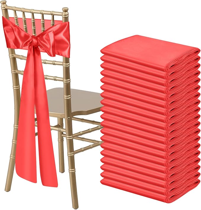 50 PCS Red Satin Chair Sashes Bows Universal Chair Ribbon Ties Back Sash for Wedding Party Reception Events Banquets Hotel Event Chair Cover Decoration (7x108 inch)