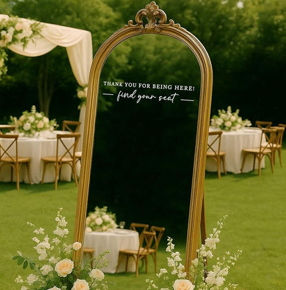 Seating Chart Sign, Wedding Mirror Decal, Thank You for Being Here Find Your Seat, Wedding Seating Chart Header Vinyl Decal, Your Seat Awaits Wedding Sign Decal, Mirror Sticker for Seating (White, Wide 20")