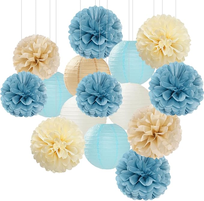 Dusty-Blue Champagne Party-Decorations Paper-Flowers Lanterns - 15pc Boho Beige Gold Tissue Pom Poms Streamers,Birthday Bachelorette Bridal Baby Shower Engagement Wedding Graduations Decor Panduola