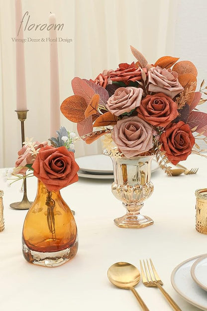 Floroom Artificial Flowers 25pcs Real Looking Burnt Orange & Warm Taupe Foam Fake Roses with Stems for DIY Wedding Bouquets Bridal Shower Centerpieces Floral Arrangements Party Tables Home Decorations
