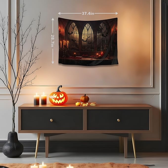 QGHOT Halloween Tapestry Wall Hanging Horror Castle Window Tapestry Gothic Spooky Backdrop Vampire Medieval Tapestries for Bedroom Living Room Dorm Wall Art Decor (28.7"x37.4")