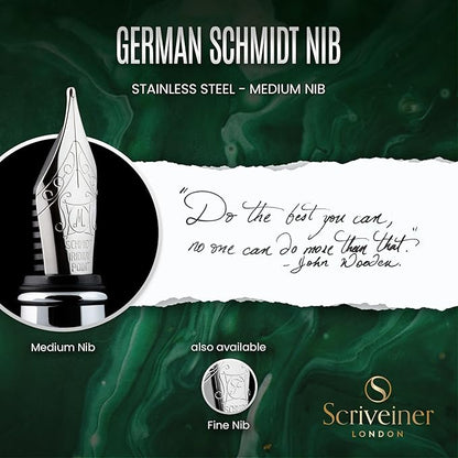 Scriveiner British Racing Green Fountain Pen - Stunning Luxury Pen with Chrome Finish, Schmidt Nib (Medium), Best Pen Gift Set for Men & Women, Professional, Executive, Office, Nice Pens