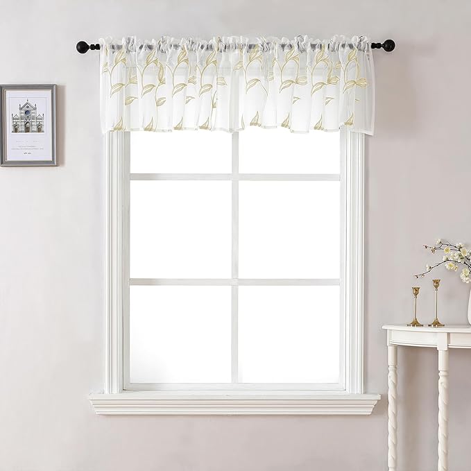 VISIONTEX Sheer Voile Curtain Valances, Decorative Leaves Embroidered, Rod Pocket Window Treatment for Kitchen/Rustic Bedroom/Living Room (54 x 16 Inch,1 Panel)