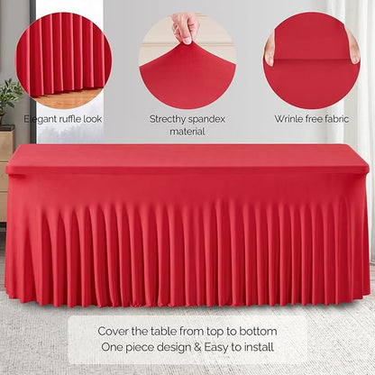 2 Pack Red Spandex Table Clothes for 8 Foot Rectangle Tables, 8FT Wrinkle Free Fitted Tablecloths Ruffles Design Stretch Table Cover for Party, Banquet, Wedding and Events