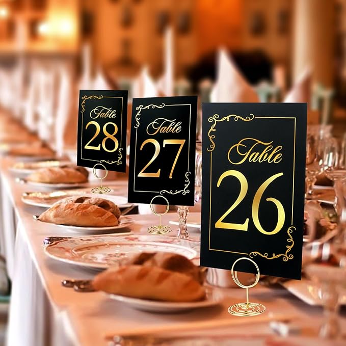 Black Gold Wedding Table Numbers 1-20 With 21 Gold Holders - Set of 21 Table Cards for Wedding Reception
