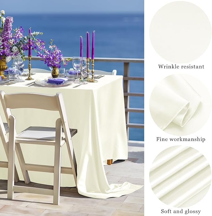 TURSTIN 1 Pack Ivory Satin Tablecloth 102 x 58 Inch Overlay Satin Table Cover Rectangle Bright Silk Tablecloth Smooth Fabric Table Decoration for Wedding Banquet Party Events