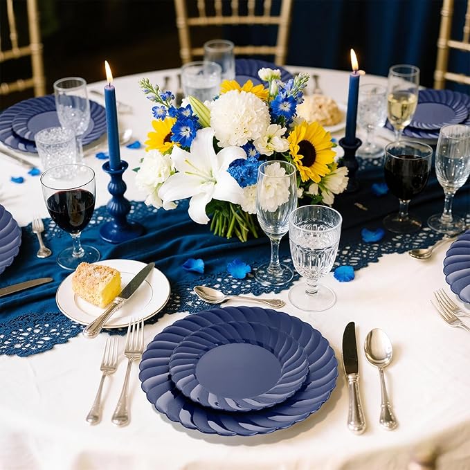 U-QE 60 Pcs Blue Plastic Plates for Party – Scalloped Blue Plates Disposable Heavy Duty – Include 30 10.25" Dinner & 30 7.25" Dessert Plate - Perfect for Birthday Parties, Baby Showers, and Weddings