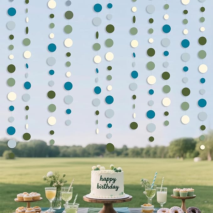 Sage Green and Dusty Blue Party Decorations Polka Dots Garlands Hanging Paper Circle Dots Streamer for Men Boy Birthday Baby Shower Wedding Engagement Retirement Silly Goose Party Decorations Supplies