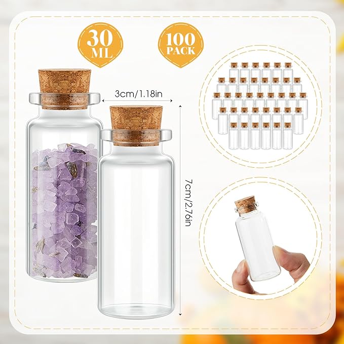 Gerrii 100 Pcs 30 ml Mini Glass Bottles with Wood Cork Stoppers, Mini Potion Glass Vials Small Clear Bottles Wishing Message Spell Tiny Jars Sand Art for Halloween Decoration Wedding DIY Favor