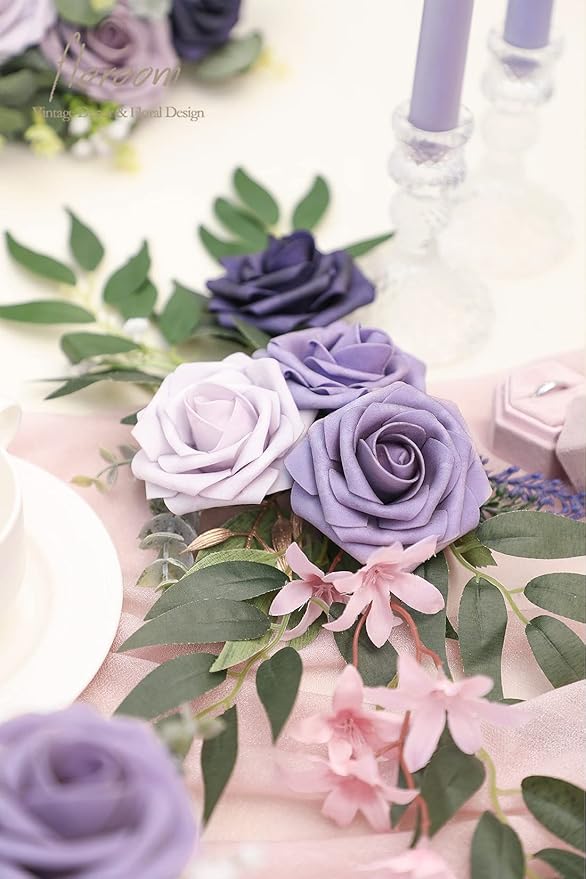 Floroom Artificial Flowers 25pcs Real Looking Lavender Purple Ombre Colors Foam Fake Roses with Stems for DIY Wedding Bouquets Bridal Shower Floral Centerpieces Party Tables Home Decorations