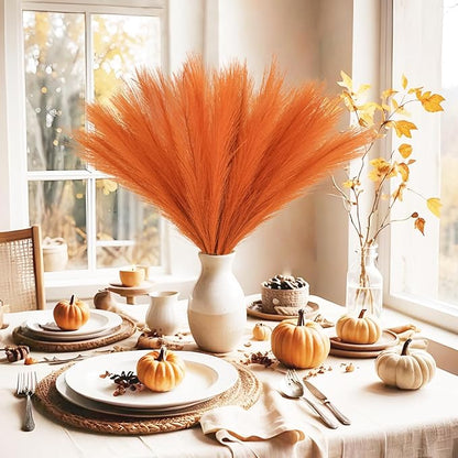50pcs Burnt Orange Faux Pampas Grass Decor, 21.6" Short Artificial Fall Pompous Grass Floral Fake Orange Pompas Grass Branches Vase Filler Flower Arrangement for Home Wedding Fall Decor