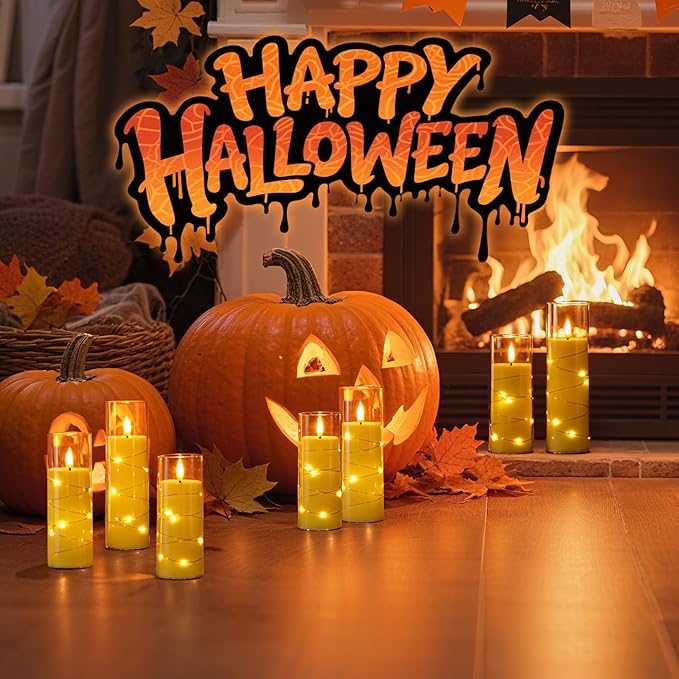 Raycare Flameless Candle with Remote Timer – 5 Flickering Acrylic Battery Operated LED Pillar Candles with Embedded Star String for Halloween, Home Decor, and as a Gift(Glod)