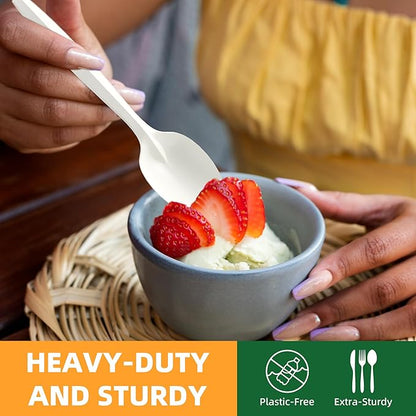 100% Compostable Disposable Spoons, 6.7" 150pcs Heavy Duty Utensils Eco-Friendly Cornstarch Cutlery Durable and BPI-Certified Party Supplies No Plastic, Ivory White