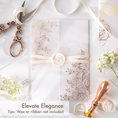 50 Pack Pre-Folded Vellum Jackets For 5x7 Invitations,AZAZA Gorgeous Translucent Invitation Sleeves,115GSM Vellum Jackets 5x7, Wedding Invitation Accessories, For Weddings Birthdays,Rose Golden Roses
