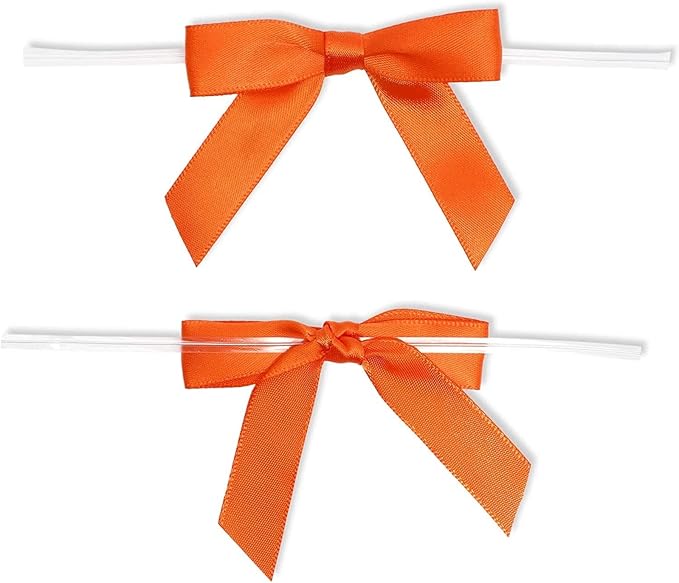Bright Creations 100 Pack Orange Twist Tie Bows for Treat Bags - 3" Small Satin Ribbons Orange Twist Ties for Craft Decoration, Gift Wrap, Themed Party Favors, Baked Goods