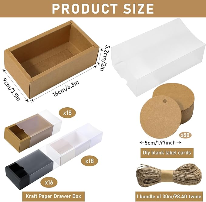 Roowest 50 Sets Kraft Soap Boxes Rectangle Packaging Box with Window Homemade Gift Box with Blank Tags and Jute String for Jewelry Candy Wrapping Party Favor(6.3 x 3.5 x 2 Inch,3 Colors)