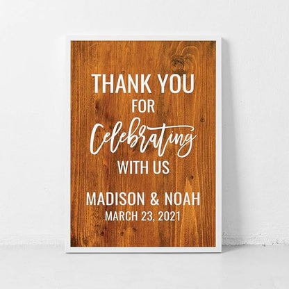 Andaz Press Personalized Extra Large Wedding Easel Board Party Sign, 12x18-inch, Rustic Barn Wood, Thank You for Celebrating With Us Bride Groom Name Date, 1-Pack, Custom